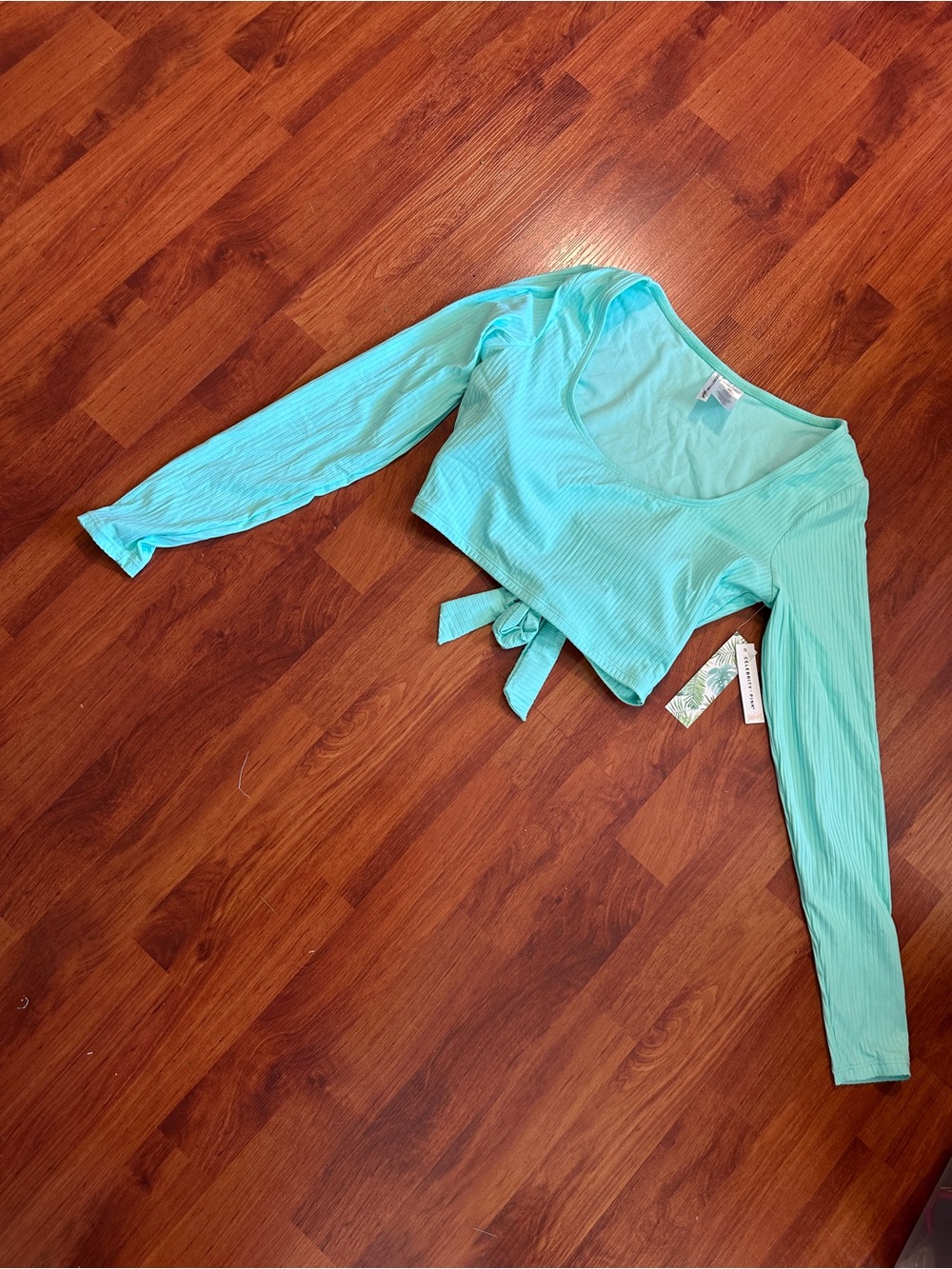 Celebrity Pink Swim Top Mint Ribbed Tie-Back Long Sleeve Surf Top.